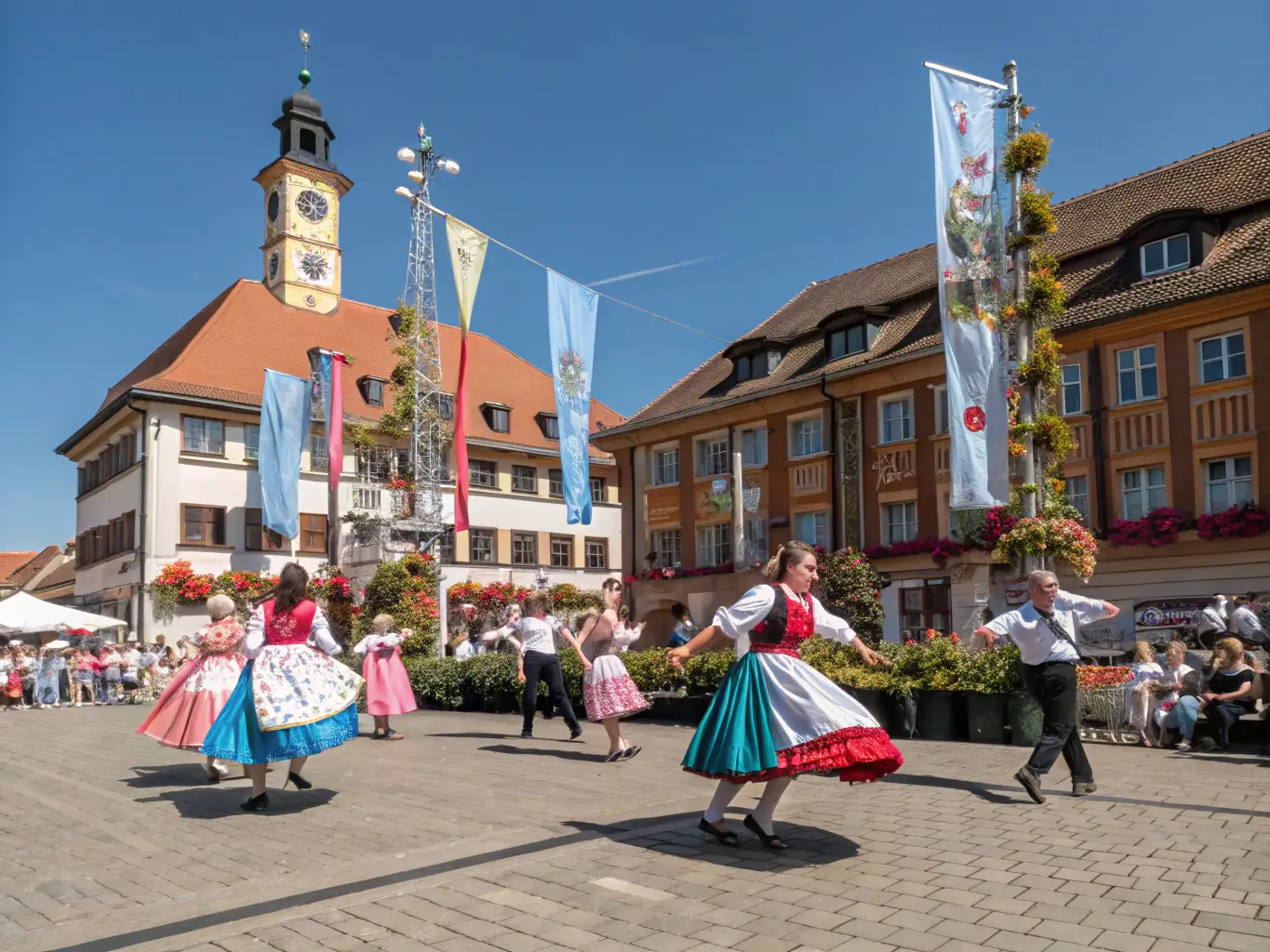 A photograph capturing dancers in traditional Limousin attire performing a folk dance at a cultural event, highlighting the beauty and artistry of the region's dance traditions.