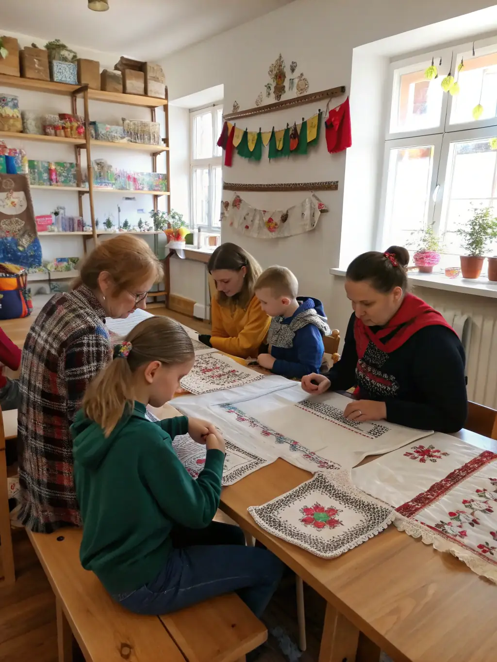 A photograph of children and adults participating in a cultural heritage workshop, learning about Limousin traditions and crafts, illustrating the educational activities of LES ECHOS LIMOUSINS D'ARGENTAT.