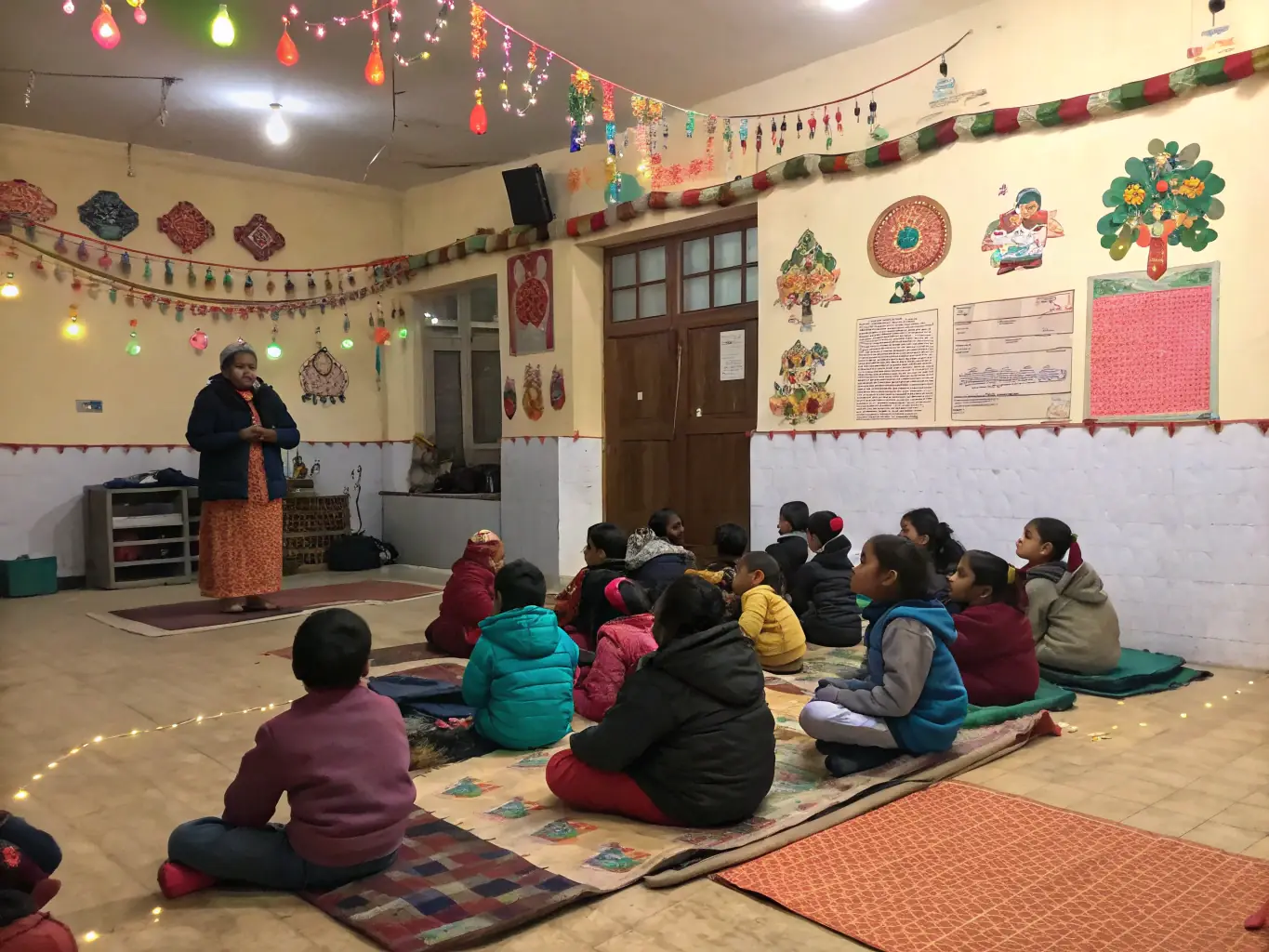 An image showing children participating in a storytelling session where a local elder is sharing traditional Limousin folktales, emphasizing the importance of intergenerational knowledge transfer.