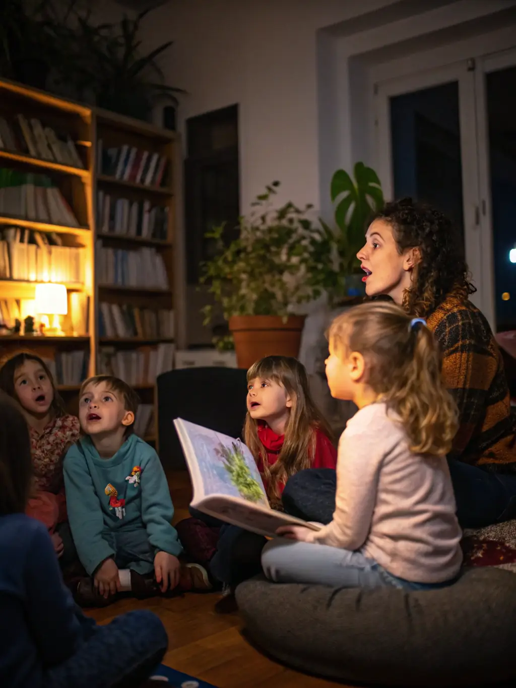 A group of children participating in a storytelling session, listening attentively to a tale from Limousin folklore.