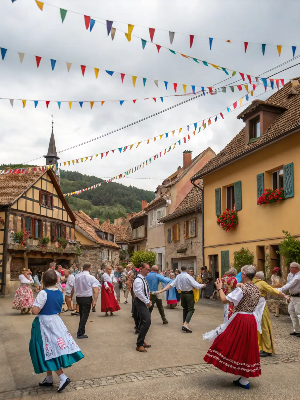 A vibrant photograph capturing a traditional Limousin dance performance, showcasing dancers in colorful folk costumes during a local festival.