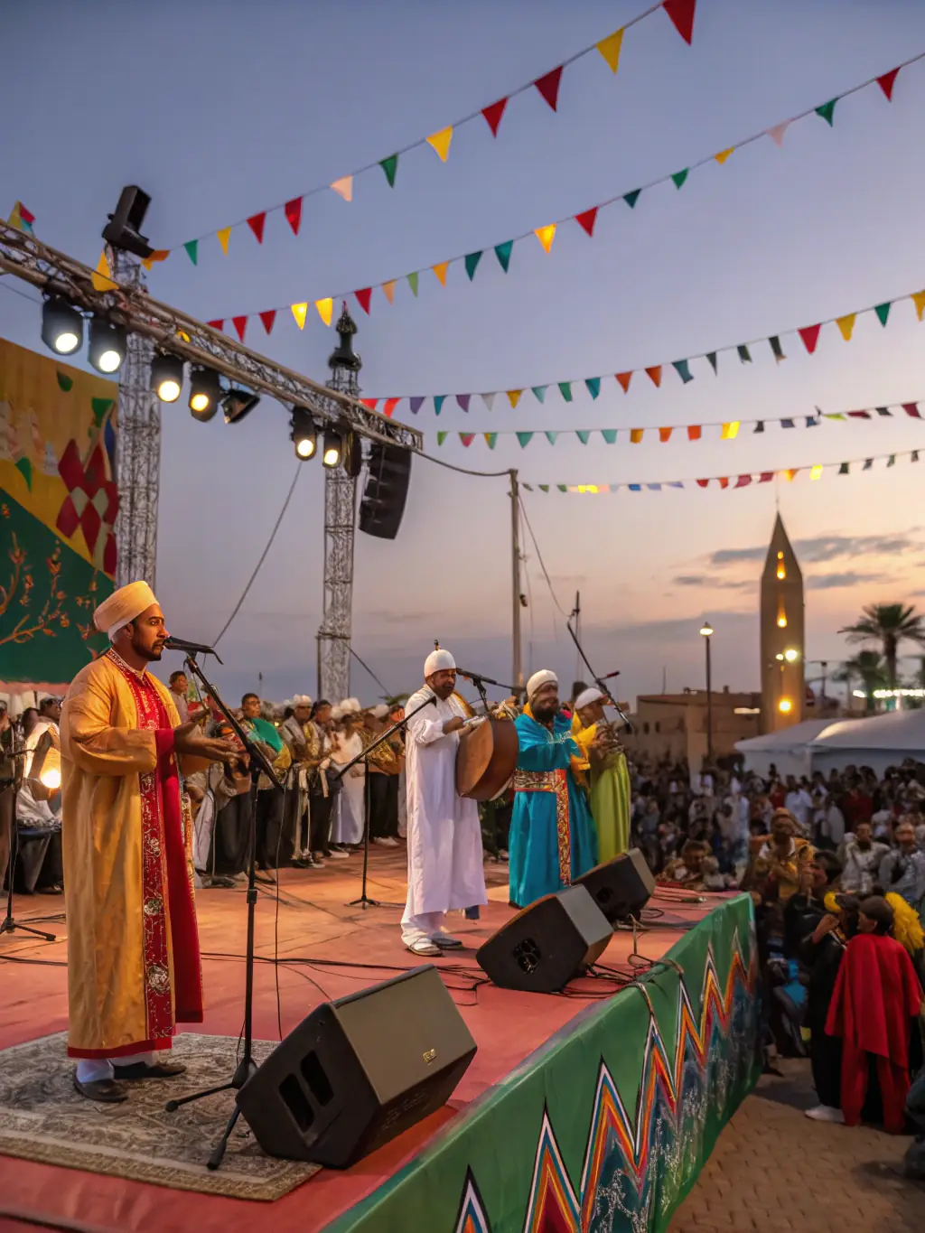 A vibrant photograph capturing a group of musicians playing traditional Limousin instruments during a lively performance at a local festival, showcasing the musical aspect of LES ECHOS LIMOUSINS D'ARGENTAT.
