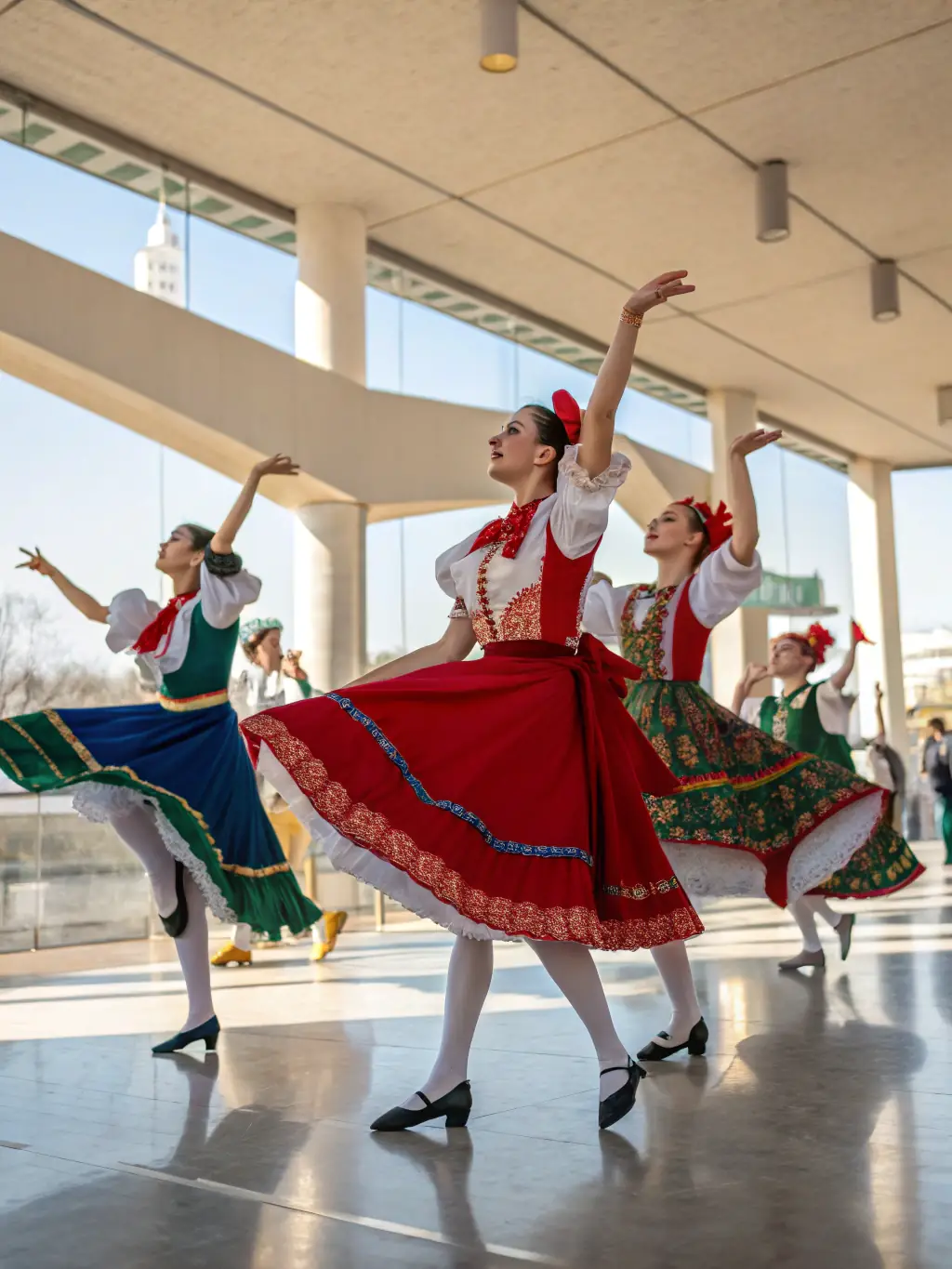 A dynamic image of dancers in traditional Limousin attire performing a folk dance at an outdoor event, highlighting the dance component of LES ECHOS LIMOUSINS D'ARGENTAT.